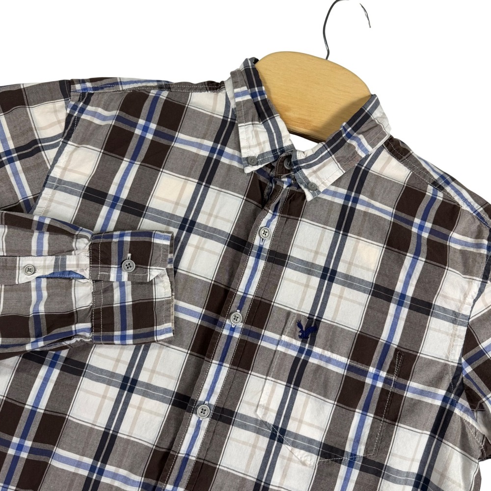 American Eagle Button Down Shirt Mens M Brown Plaid Athletic Fit Long Sleeve